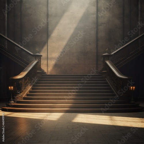 As the fog settles, a symmetrical staircase beckons with its handrail glowing in the light, leading towards the unknown depths of the building on a shadowy night
