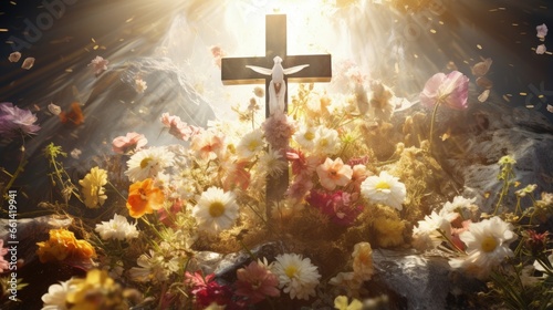 Cross symbolizing the death and resurrection of Jesus Christ, spring flowers, falling petals and bright sunlight
