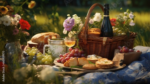 Closeup of picnic basket with drinks  food and flowers on the grass