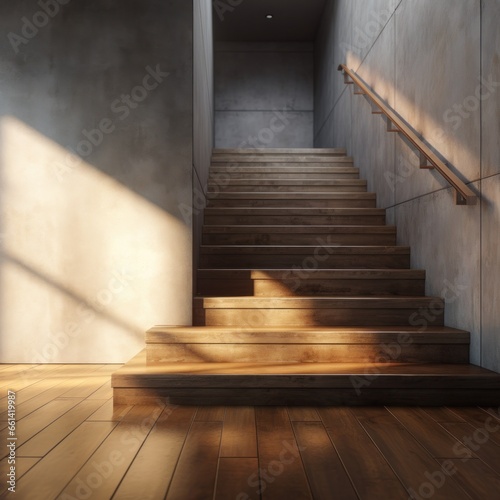 Ascending through the dimly lit room, the symmetrical wooden staircase beckons, its handrail guiding us towards the unknown with each creak of the floorboards