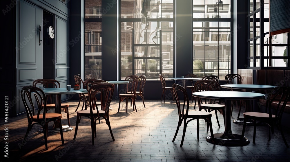 Empty modern cafe interior with chairs and tables