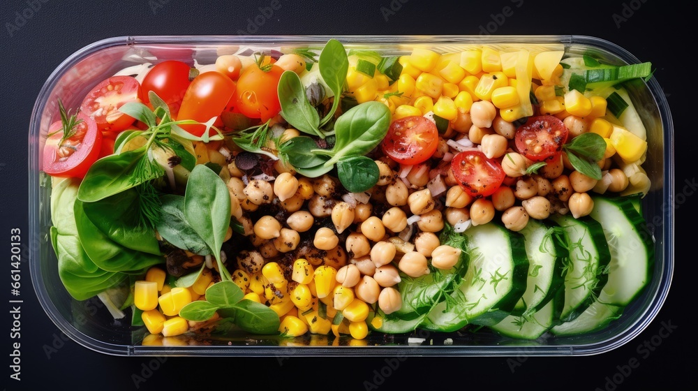 Colorful salad with vegetables in plastic free delivery food container: cucumber, pepper, salad, chickpeas and nuts. Sustainable lifestyle with healthy vegan food. Top view. Colorful salad with vegetables in plastic free delivery food container: cucumber, pepper, salad, chickpeas and nuts. Sustainable lifestyle with healthy vegan food. Top view.