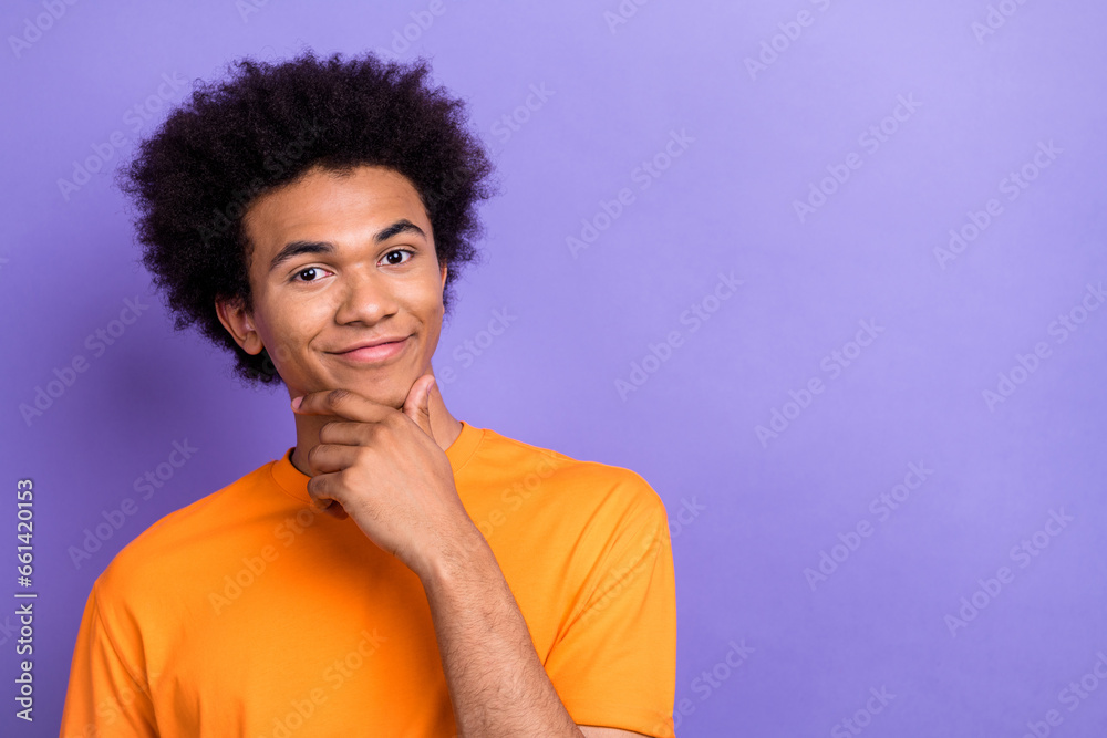 Portrait of smart student guy chevelure touch chin deciding choose his future laptop studying device isolated on purple color background Portrait of smart student guy chevelure touch chin deciding choose his future laptop studying device isolated on purple color background