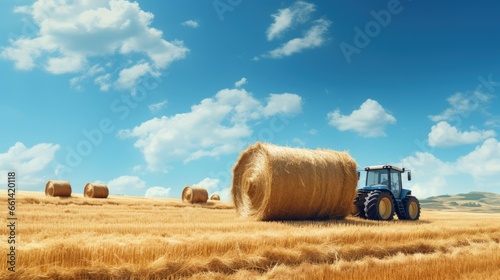 Fotografia huge tractor collecting haystack in the field in a nice blue sunny day