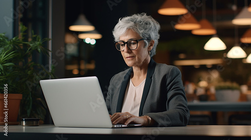 Adult Woman Using Laptop in Remote Work, Coworking, with Nomadic Lifestyle