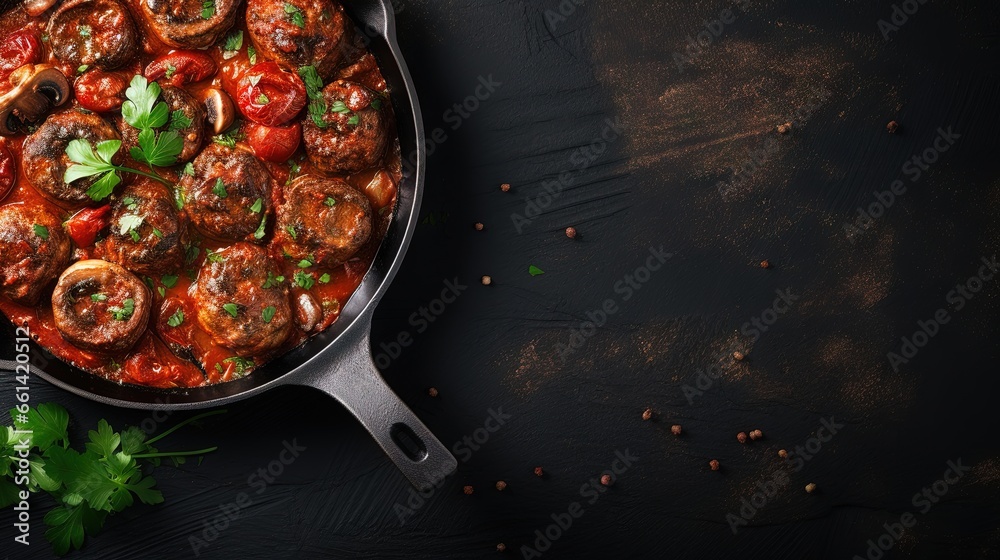 Meatballs with mushrooms in tomato sauce in a frying pan at light stone table. Top view with copy space. - obrazy, fototapety, plakaty 