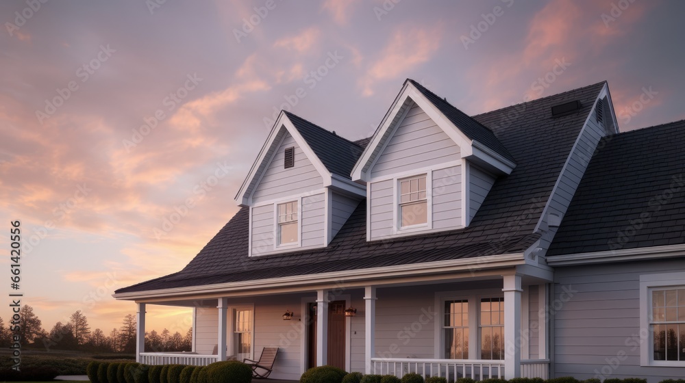White frame gutter guard system, with gray horizontal and vertical vinyl siding fascia, drip edge, soffit, on a pitched roof attic at a luxury American single family home dramatic sunset sky - obrazy, fototapety, plakaty 