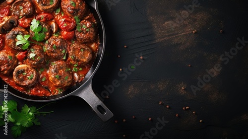 Meatballs with mushrooms in tomato sauce in a frying pan at light stone table. Top view with copy space.