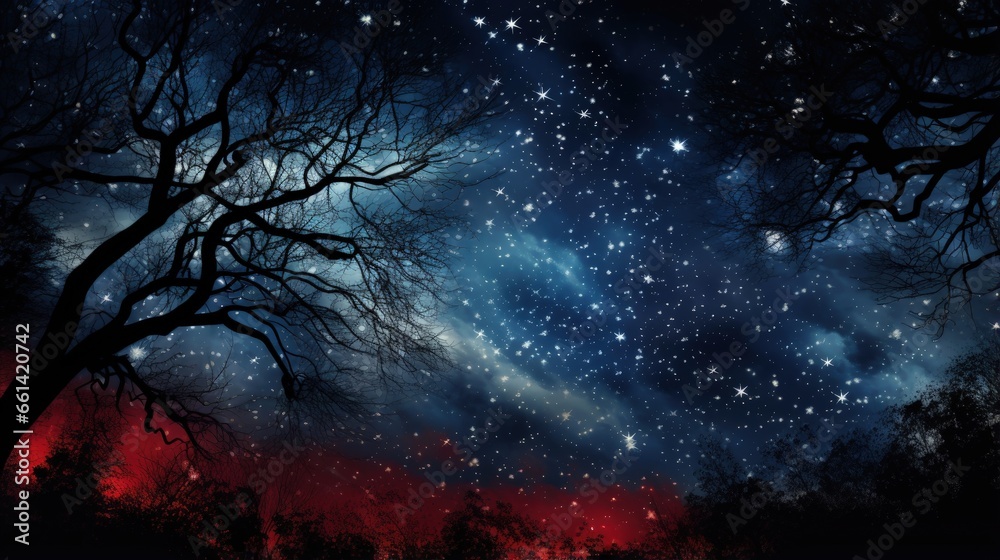 Obraz premium Illustration of the starry night sky above dark tree silhouettes