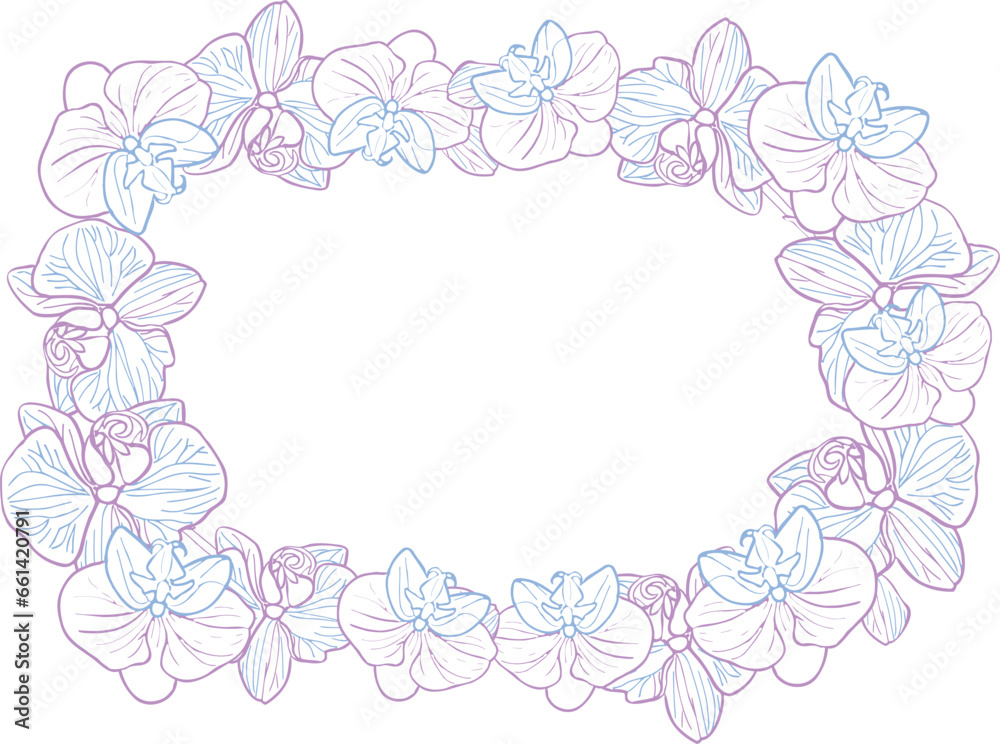 Orchid tropical flower wreath banner. Vector line art hand drawn illustration for design of card or invite, logo, coloring page Orchid tropical flower wreath banner. Vector line art hand drawn illustration for design of card or invite, logo, coloring page