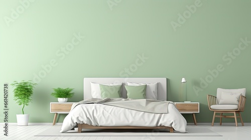 Empty light green wall in modern bedroom. Mock up interior in contemporary style. Free, copy space for your picture, text, or another design. Bed, armchair, plants. 3D rendering
