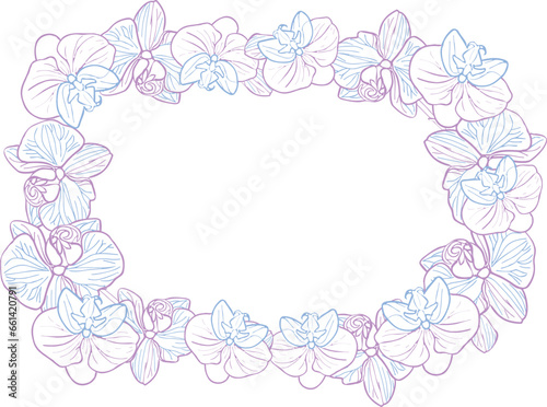 Orchid tropical flower wreath banner. Vector line art hand drawn illustration for design of card or invite, logo, coloring page