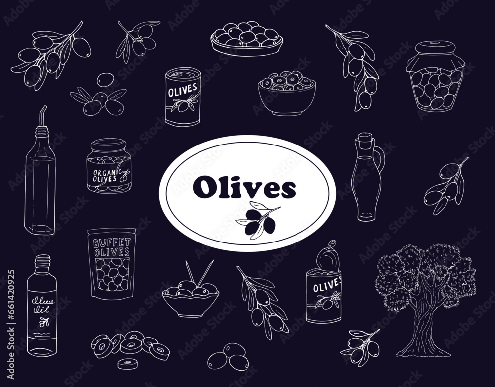 Hand-drawn Olive production set. Collection of hand-drawn various olive tree, fruits, oil bottles and jars, sliced olives in a jar, and canned olives isolated illustration on blue background