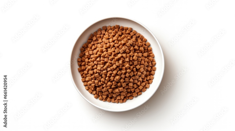 dry pet food in bowl on white background top view dry pet food in bowl on white background top view