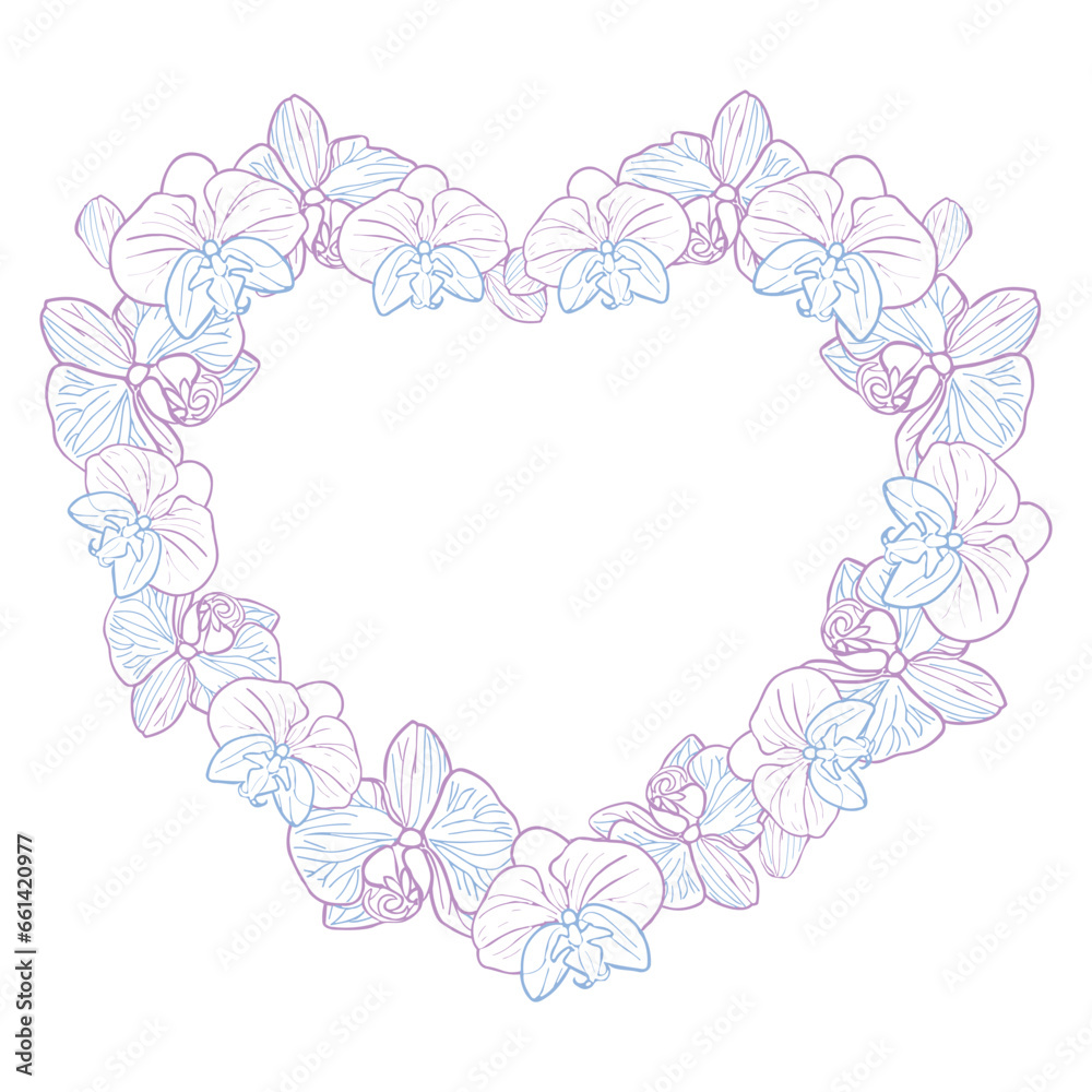 Orchid tropical flower hearts wreath. Vector line art hand drawn illustration for design of card or invite, logo, coloring page