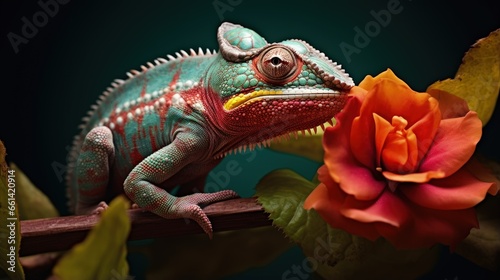 Chameleon on the flower. Beautiful extreme close-up. © HN Works