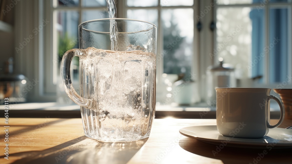 drinking water pouring from jug into glass with ice on the table against the window indoors drinking water pouring from jug into glass with ice on the table against the window indoors