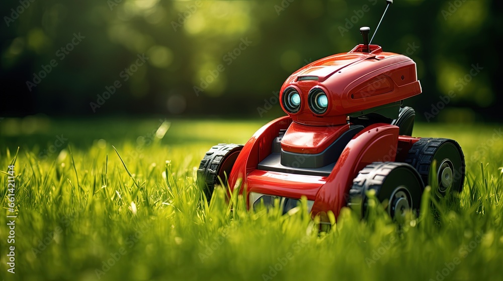 Lawn mower red robot on green cut grass on sunny day in a park - obrazy, fototapety, plakaty 
