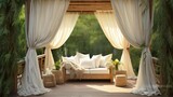 Outdoor decor for garden wooden gazebo design outside. Nobody at veranda background, wicker furniture. White curtain at summer house, natural decoration with blankets, dry straw.