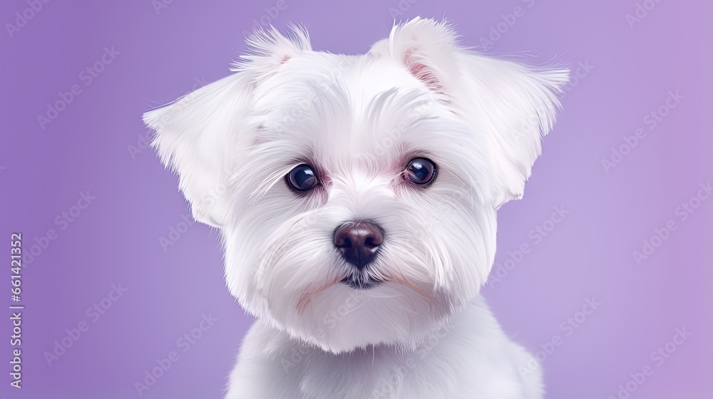 close short-haired dog of the Maltese breed with white coat on a lilac background. front view. pet. grooming close short-haired dog of the Maltese breed with white coat on a lilac background. front view. pet. grooming