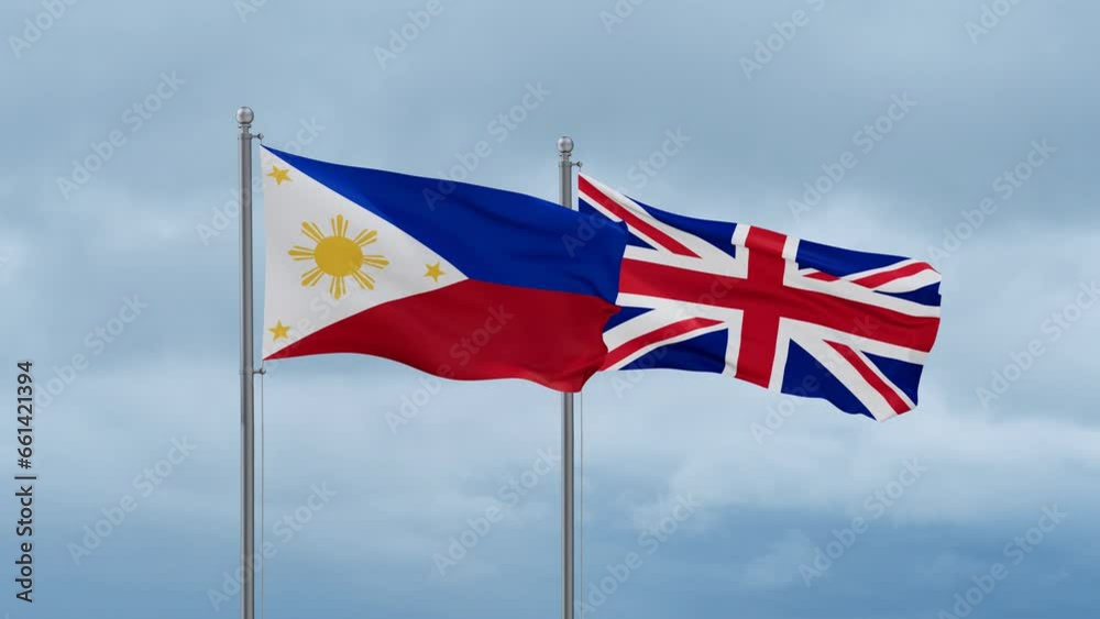 United Kingdom and Philippines flag waving together on cloudy sky, endless seamless loop, two country cooperation concept United Kingdom and Philippines flag waving together on cloudy sky, endless seamless loop, two country cooperation concept