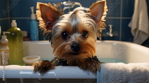 Domestic dog little yorkshire terrier takes a bath and makes hygiene procedures