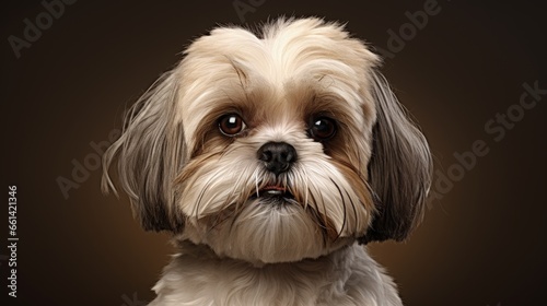 close short-haired shihtzu dog with beige coat on brown background. front view. pet. grooming shihtzu. look of dogs photo