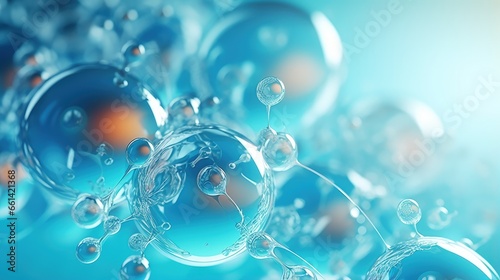 Cell, molecule concept. Soap bubbles group macro representing abstract cell structure microscope view. Blue science, chemistry background