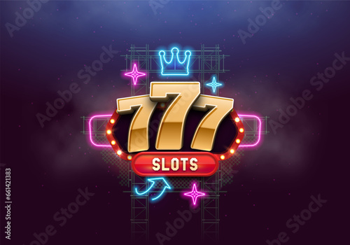 Lucky sevens with retro neon billboard. Vector illustration.