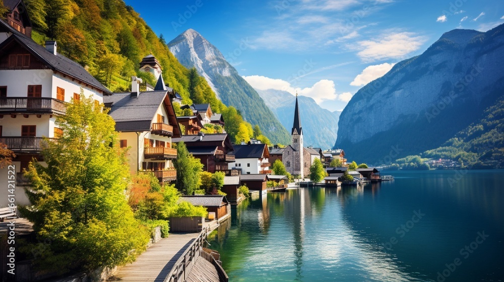 Fototapeta premium Hallstatt is a little village with a postcard view of the lake. 