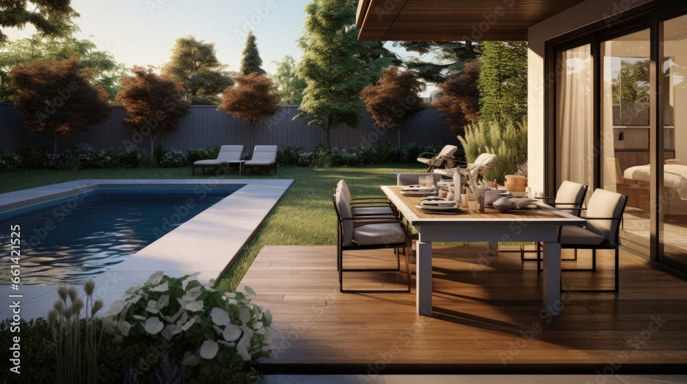 Modern suburban backyard and living room with table setting and swimming pool