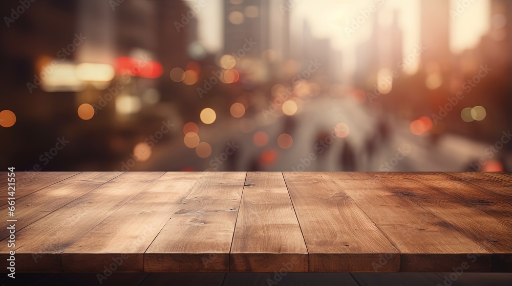 Wood table top on blur coffee shop background