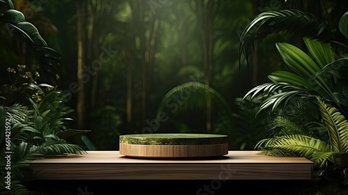 Wood pedestal in tropical forest for product presentation and green wall.3D rendering