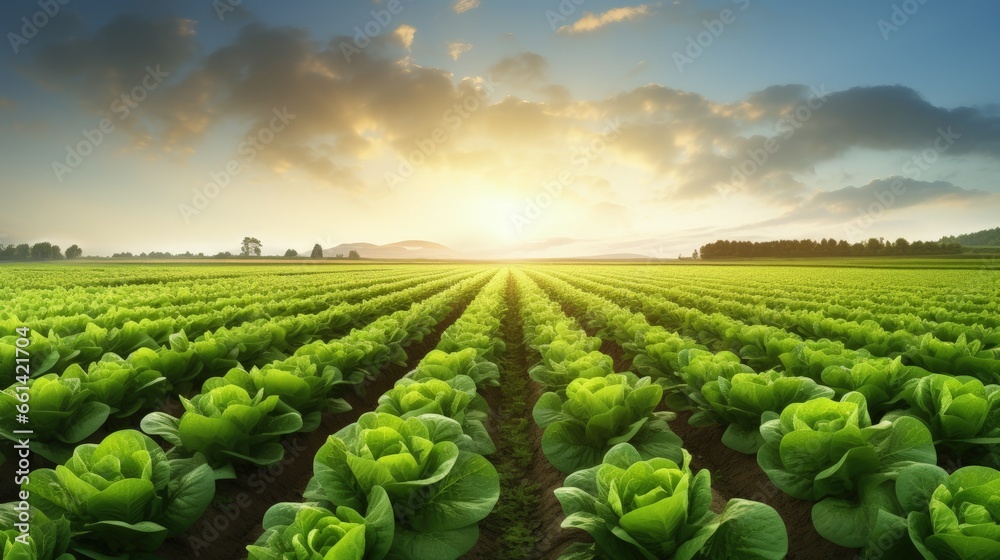 Cultivated field of lettuce growing in rows along the contour line in sunset at Kent, Washington State, USA. Agricultural composition. Panoramic style.