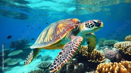 Eretmochelys imbricata, the Hawksbill Turtle, floats in the water. Coral reef in the Maldives, Indian Ocean.