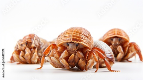 Hermit crabs with selective focus isolated on a white backdrop. Hermit crabs are decade crustaceans in the Parathyroid super-family.