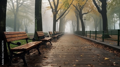 In a foggy autumn city park, a high angle of green wooden benches lines an empty sidewalk covered with dry fallen foliage.