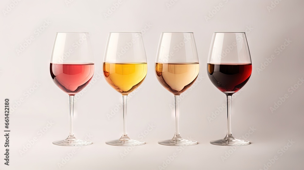 Flat-lay of red, rose and white wine in glasses on white background. Wine bar, winery, wine degustation concept. Minimalistic trendy photography. Copy space