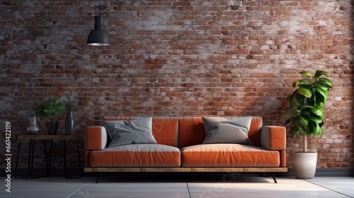 Sport room interior style with sofa and kitchen background, decorative home style, brick wall, vase of plant, sportive decor style.