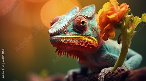 Chameleon on the flower. Beautiful extreme close-up. © HN Works