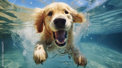 A dog swimming happily and joyfully. Golden Retriever. Happy puppy playing in the water. © HN Works