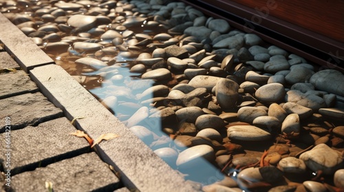 French drain with water Stones near House Wall Windows. Drainage system Stone Water Drains with Storm drain trench grating and Sewage around Building.