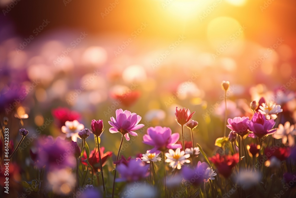 Fototapeta premium Flower field in sunlight, spring or summer garden background
