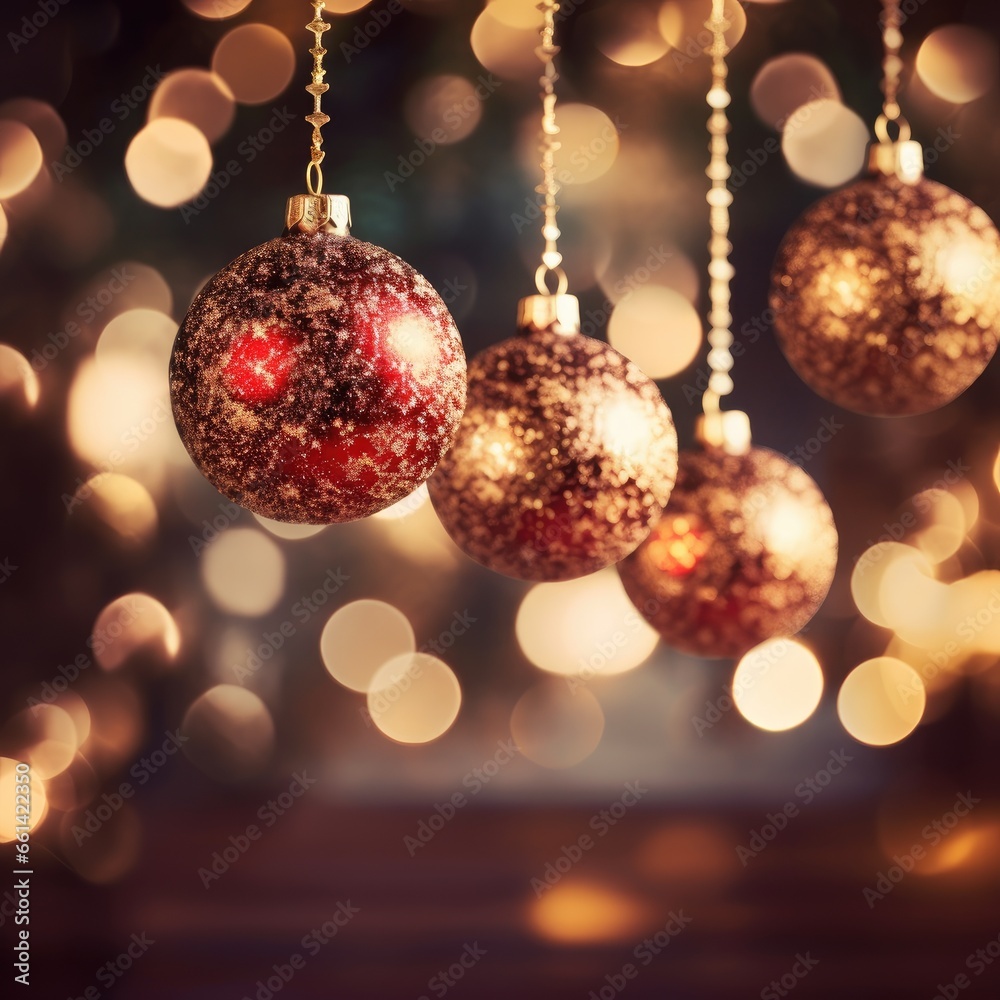 Red and Gold Christmas balls with bokeh lights. Merry Christmas ornaments. Red and Gold Christmas balls with bokeh lights. Merry Christmas ornaments.