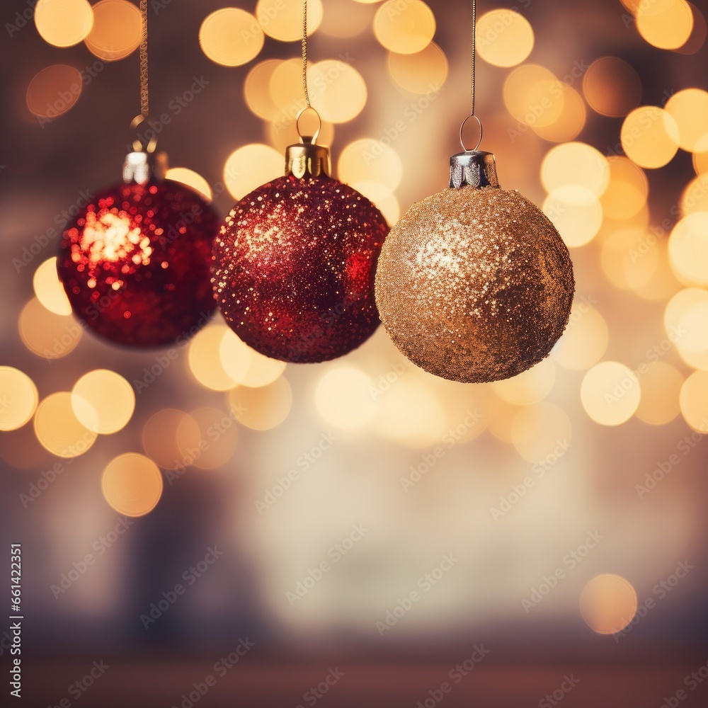 Red and Gold Christmas balls with bokeh lights. Merry Christmas ornaments. Red and Gold Christmas balls with bokeh lights. Merry Christmas ornaments.