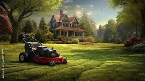 The lawn is mown with the lawn mower photo