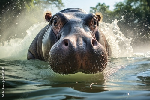 A massive hippopotamus in clear river
