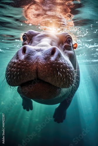 A massive hippopotamus submerged in a clear river