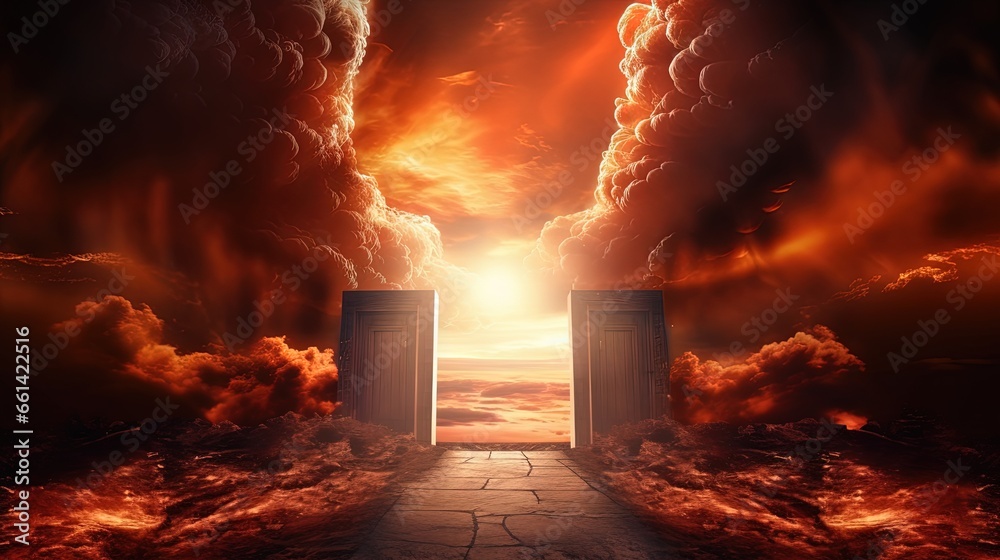 Dramatic religious background - bright light from heaven, burning doorway in dark red sky, road to hell, way to hell, heaven and hell - obrazy, fototapety, plakaty 
