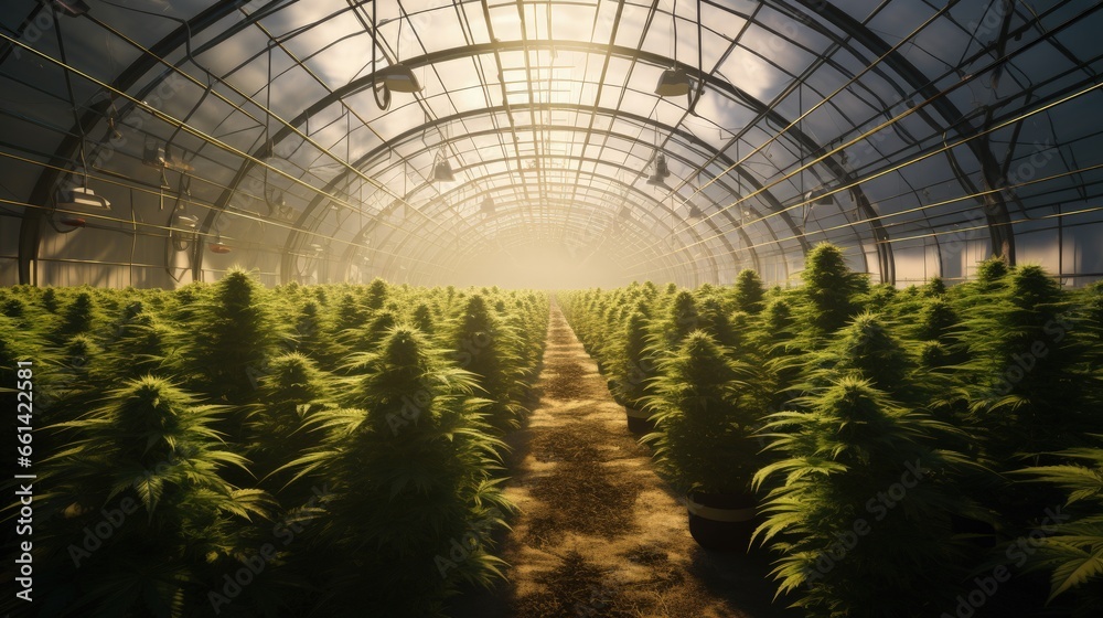 A bay of mature cannabis plants ready for harvest in a greenhouse - obrazy, fototapety, plakaty 